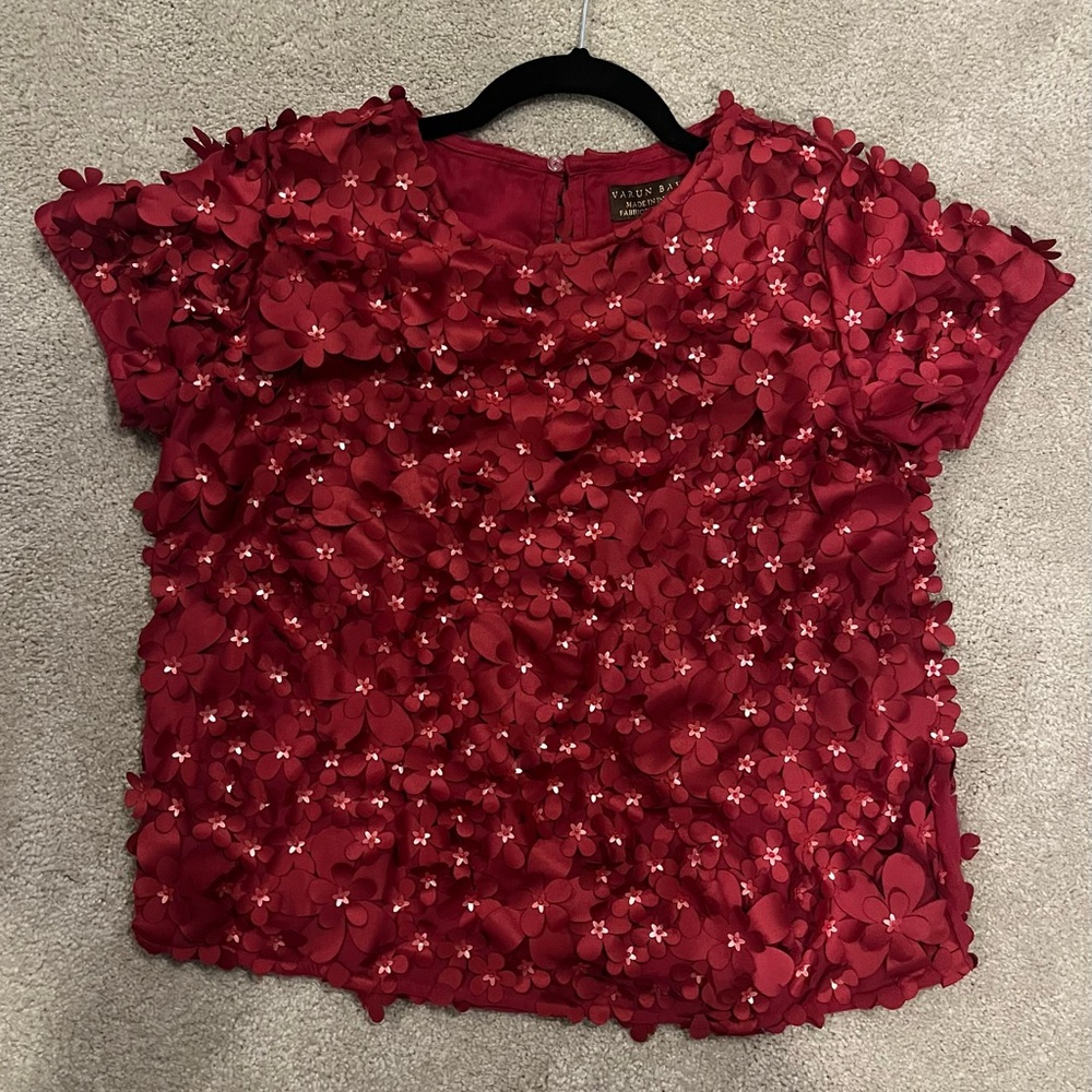 Anthropologie Varun Bahl Red Floral Embellished Top